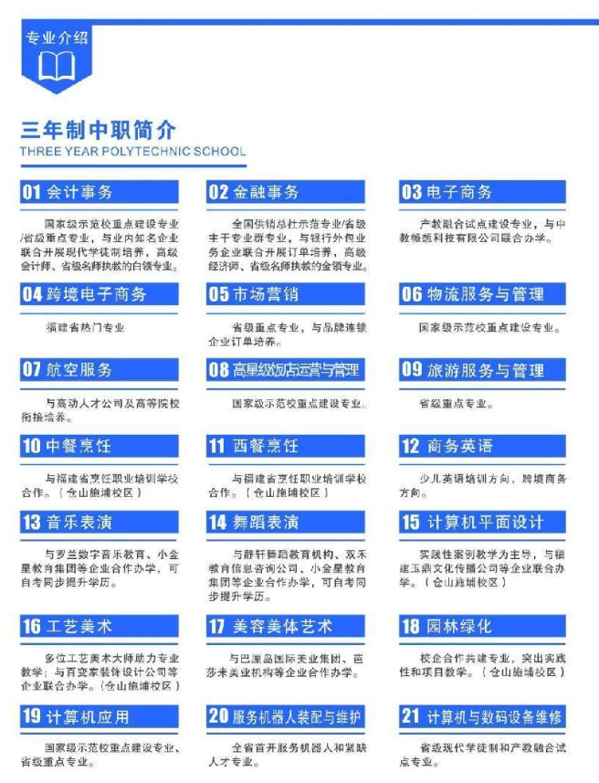 福建經濟學校三年制中職招生專業介紹