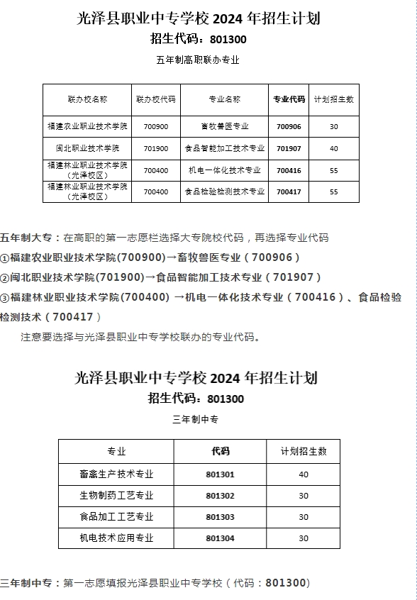 2024年光澤縣職業中專學校志愿填報指南